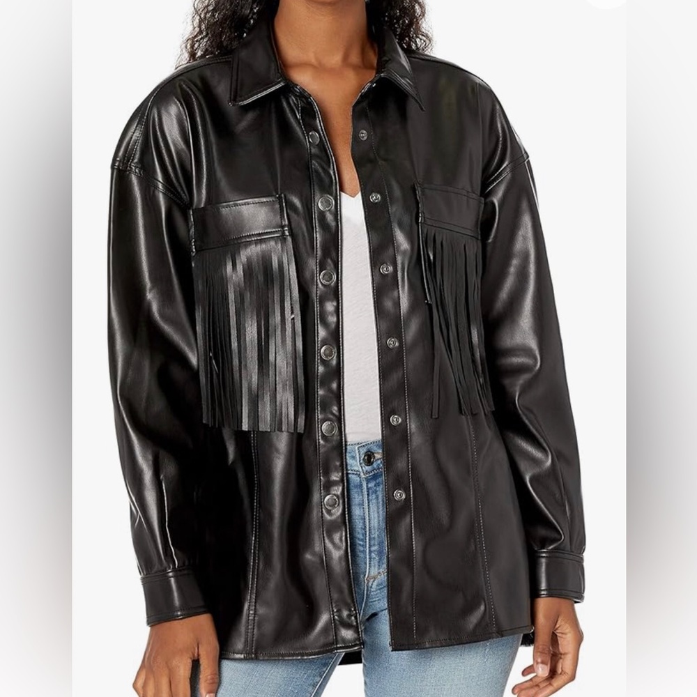 Blank NYC Lonestar Vegan Leather Fringe Black Shirt Jacket Size Medium EUC